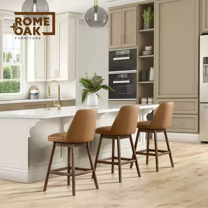 ROME + OAK Rowan 26 Inch Swivel Counter Height Stool in Walnut Finish with Brown Vegan Leather Upholstery Seat - Kitchen or Dining Room Furniture