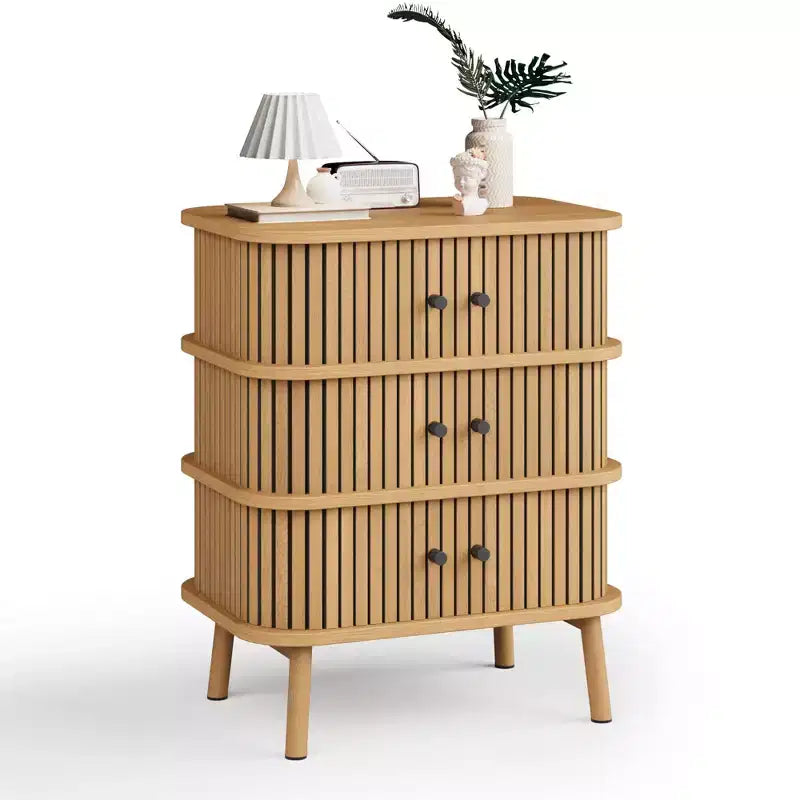 Dresser, Mid-Century Modern 3-Drawer Cabinet with Wicker Sliding Door & Wooden Legs, Oak