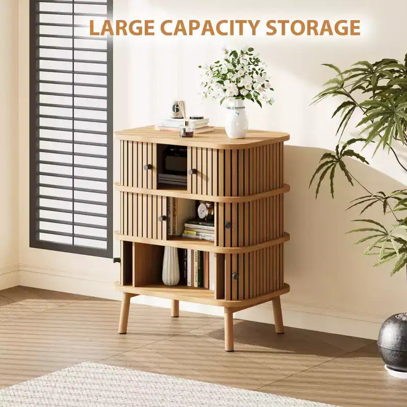 Dresser, Mid-Century Modern 3-Drawer Cabinet with Wicker Sliding Door & Wooden Legs, Oak