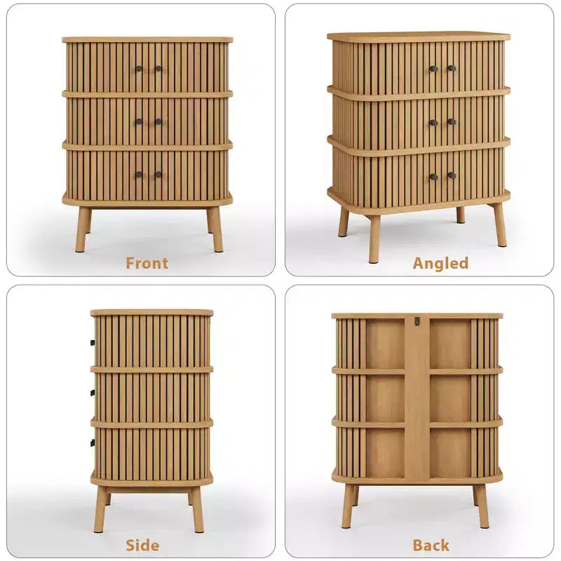 Dresser, Mid-Century Modern 3-Drawer Cabinet with Wicker Sliding Door & Wooden Legs, Oak