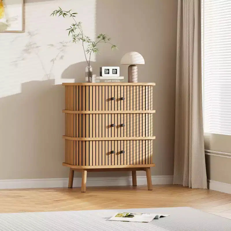 Dresser, Mid-Century Modern 3-Drawer Cabinet with Wicker Sliding Door & Wooden Legs, Oak