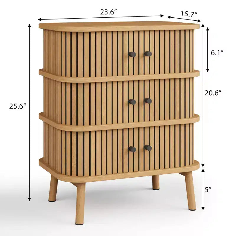 Dresser, Mid-Century Modern 3-Drawer Cabinet with Wicker Sliding Door & Wooden Legs, Oak