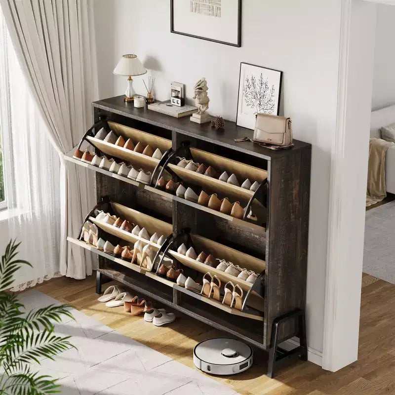 4 Flip Drawer Narrow Shoe Cabinet, Freestanding Entryway Storage with Adjustable Shelves & Metal Legs, Slim Organizer for Hallway & Living Room