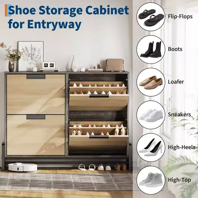 4 Flip Drawer Narrow Shoe Cabinet, Freestanding Entryway Storage with Adjustable Shelves & Metal Legs, Slim Organizer for Hallway & Living Room