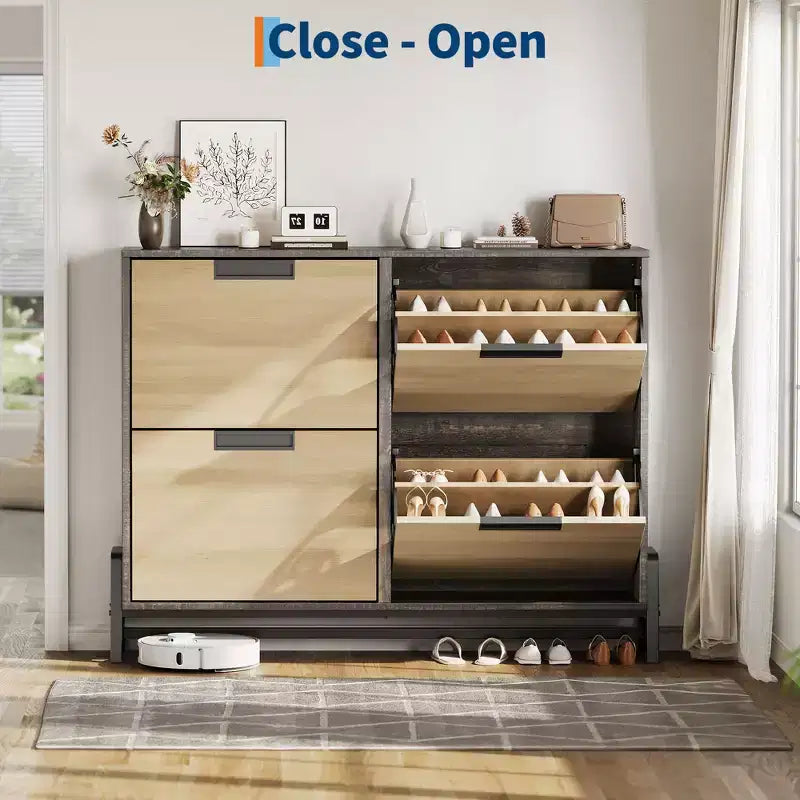 4 Flip Drawer Narrow Shoe Cabinet, Freestanding Entryway Storage with Adjustable Shelves & Metal Legs, Slim Organizer for Hallway & Living Room