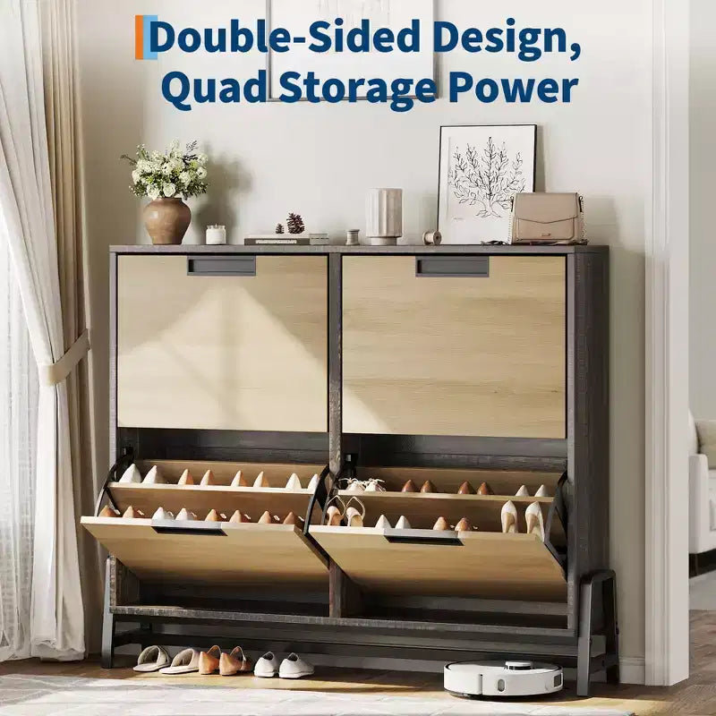 4 Flip Drawer Narrow Shoe Cabinet, Freestanding Entryway Storage with Adjustable Shelves & Metal Legs, Slim Organizer for Hallway & Living Room