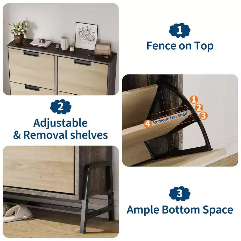 4 Flip Drawer Narrow Shoe Cabinet, Freestanding Entryway Storage with Adjustable Shelves & Metal Legs, Slim Organizer for Hallway & Living Room