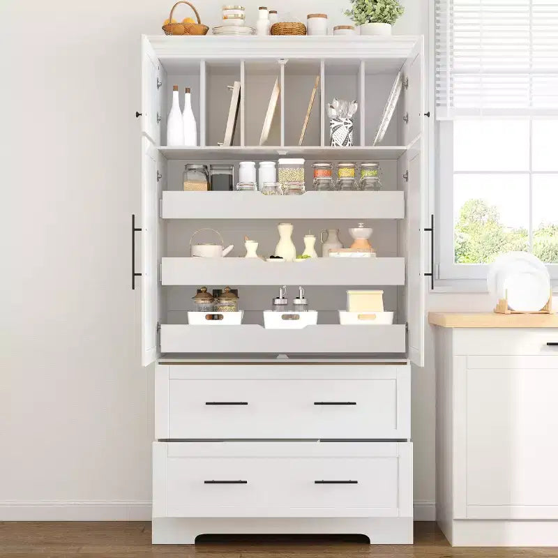 72 Farmhouse Kitchen Pantry Cabinet, Freestanding Dining Storage Cabinet with Drawers, Pull-Out Trays, and Cake Pan Storage-Panipeachy