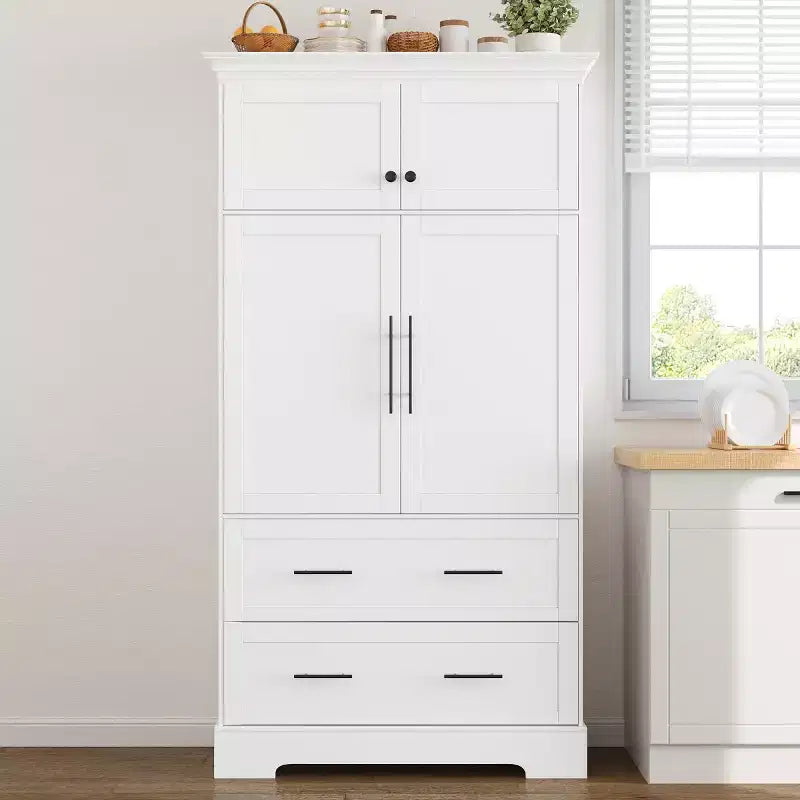 72 Farmhouse Kitchen Pantry Cabinet, Freestanding Dining Storage Cabinet with Drawers, Pull-Out Trays, and Cake Pan Storage-Panipeachy