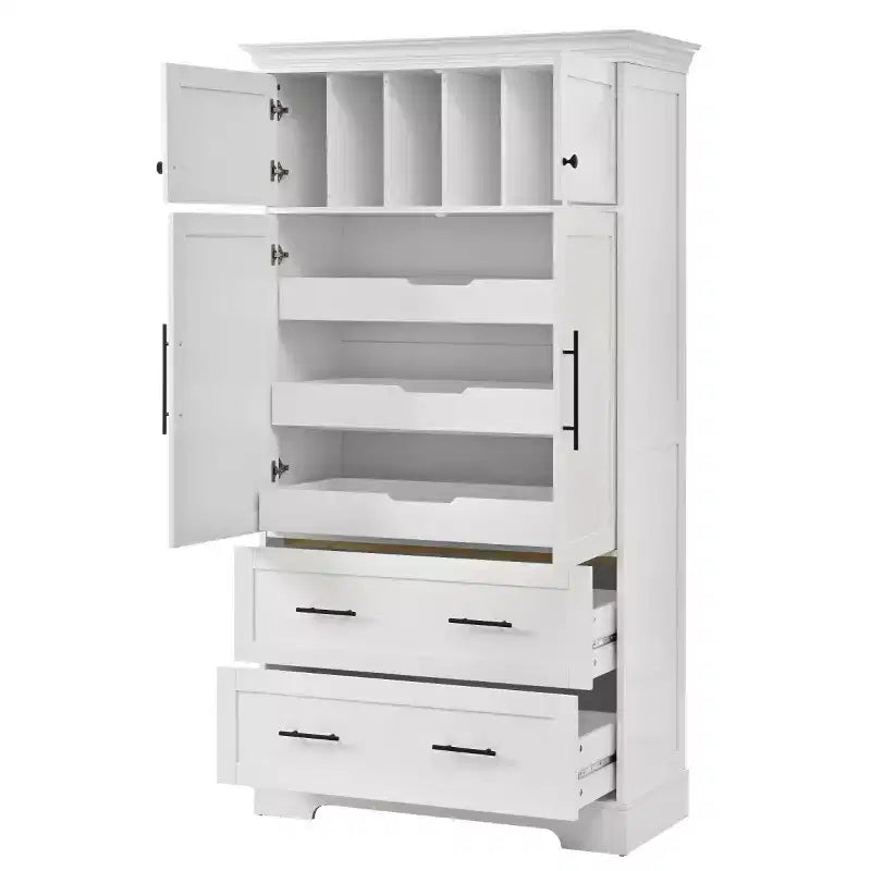 72 Farmhouse Kitchen Pantry Cabinet, Freestanding Dining Storage Cabinet with Drawers, Pull-Out Trays, and Cake Pan Storage-Panipeachy