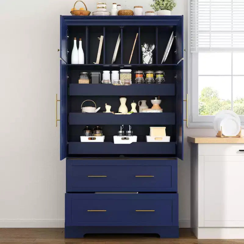 72 Farmhouse Kitchen Pantry Cabinet, Freestanding Dining Storage Cabinet with Drawers, Pull-Out Trays, and Cake Pan Storage-Panipeachy