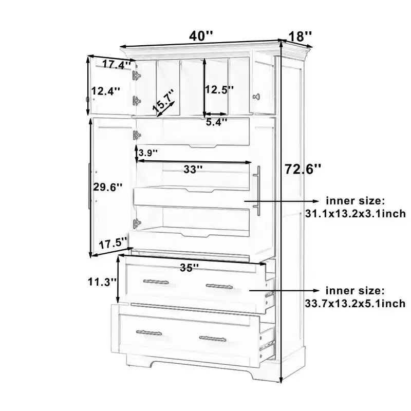 72 Farmhouse Kitchen Pantry Cabinet, Freestanding Dining Storage Cabinet with Drawers, Pull-Out Trays, and Cake Pan Storage-Panipeachy