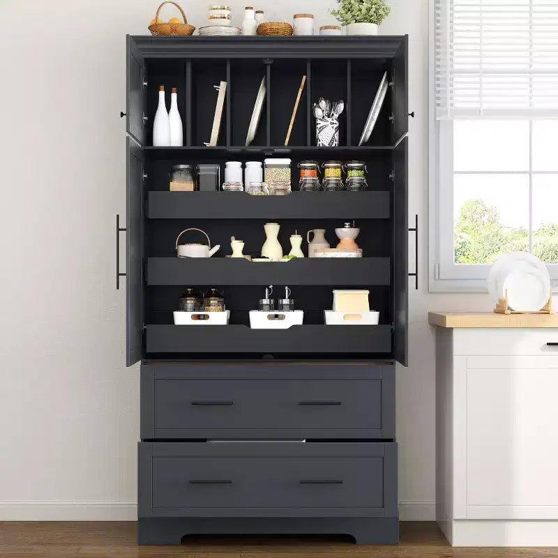 72 Farmhouse Kitchen Pantry Cabinet, Freestanding Dining Storage Cabinet with Drawers, Pull-Out Trays, and Cake Pan Storage-Panipeachy
