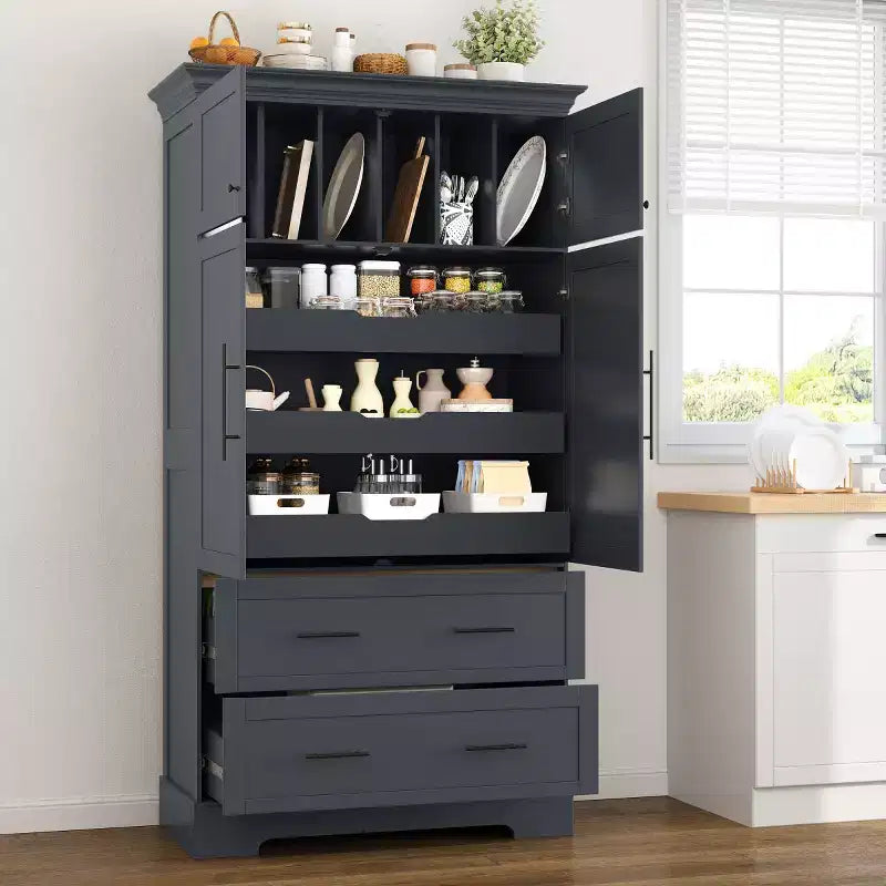 72 Farmhouse Kitchen Pantry Cabinet, Freestanding Dining Storage Cabinet with Drawers, Pull-Out Trays, and Cake Pan Storage-Panipeachy