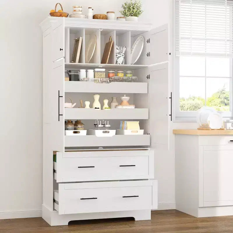 72 Farmhouse Kitchen Pantry Cabinet, Freestanding Dining Storage Cabinet with Drawers, Pull-Out Trays, and Cake Pan Storage-Panipeachy