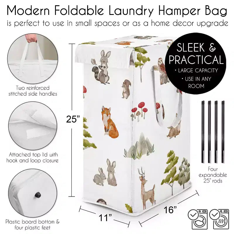 Sweet Jojo Designs Boy, Girl, Unisex/Gender Neutral Foldable Laundry Hamper with Handles Watercolor Woodland Forest Animals Green Brown and Red