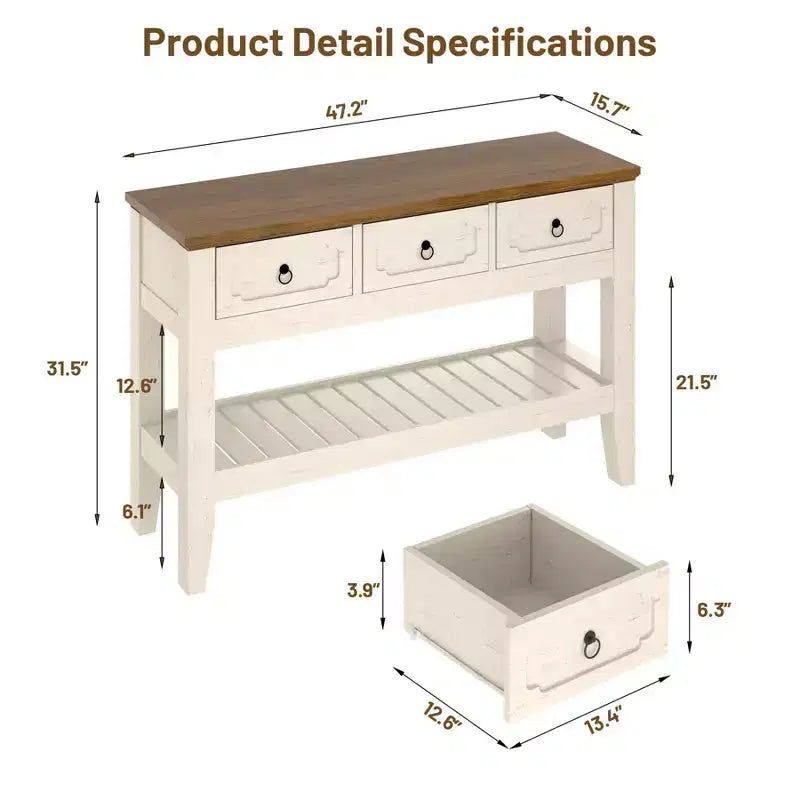 47 Console Table with Drawers, Farmhouse Rustic Entryway Table with Bottom Shelf and Solid Wood Legs for Entryway, Living Room, Entrance, Foyer