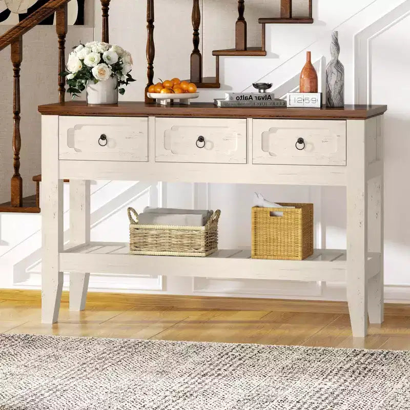 47 Console Table with Drawers, Farmhouse Rustic Entryway Table with Bottom Shelf and Solid Wood Legs for Entryway, Living Room, Entrance, Foyer