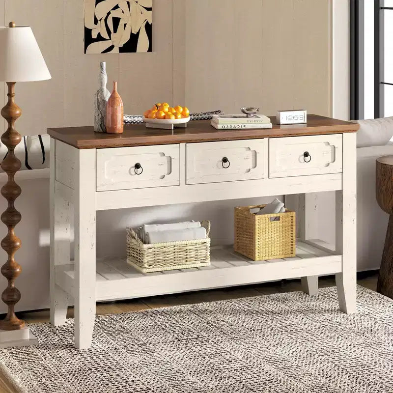 47 Console Table with Drawers, Farmhouse Rustic Entryway Table with Bottom Shelf and Solid Wood Legs for Entryway, Living Room, Entrance, Foyer