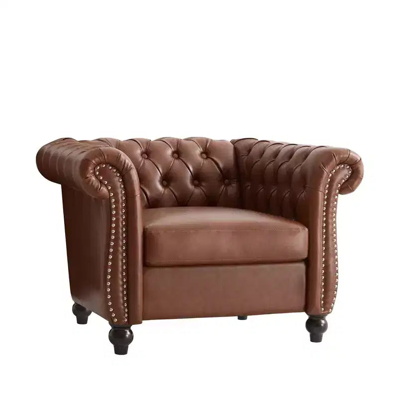 Zeus & Ruta Chesterfield Club Chair with Scrolled Arms, Nailhead Trim, and Solid Wood Legs