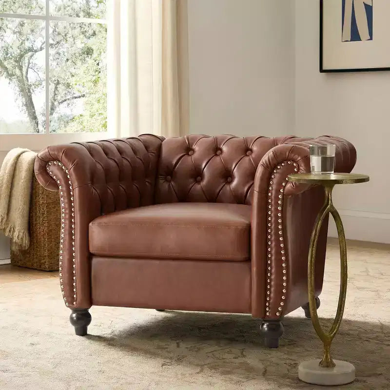 Zeus & Ruta Chesterfield Club Chair with Scrolled Arms, Nailhead Trim, and Solid Wood Legs