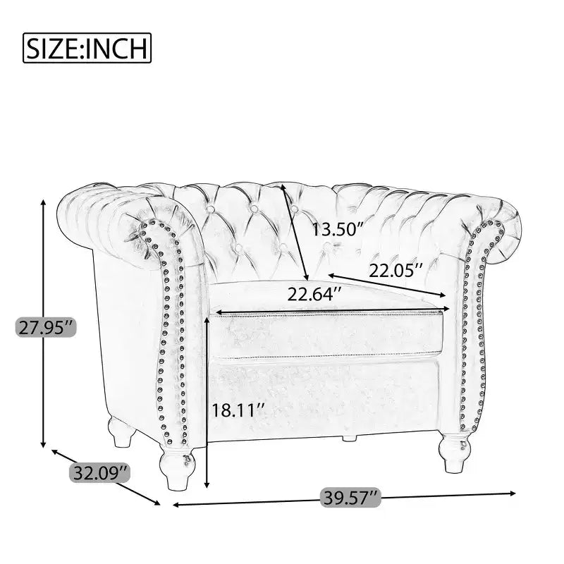 Zeus & Ruta Chesterfield Club Chair with Scrolled Arms, Nailhead Trim, and Solid Wood Legs