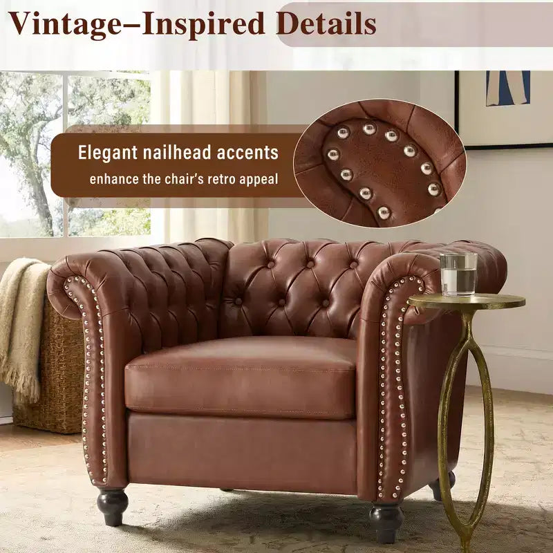 Zeus & Ruta Chesterfield Club Chair with Scrolled Arms, Nailhead Trim, and Solid Wood Legs
