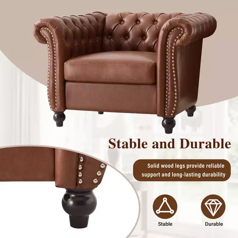 Zeus & Ruta Chesterfield Club Chair with Scrolled Arms, Nailhead Trim, and Solid Wood Legs
