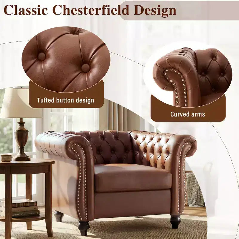 Zeus & Ruta Chesterfield Club Chair with Scrolled Arms, Nailhead Trim, and Solid Wood Legs