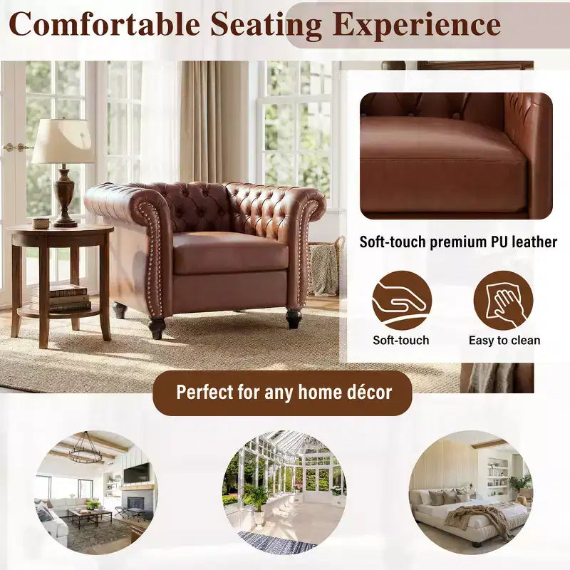 Zeus & Ruta Chesterfield Club Chair with Scrolled Arms, Nailhead Trim, and Solid Wood Legs