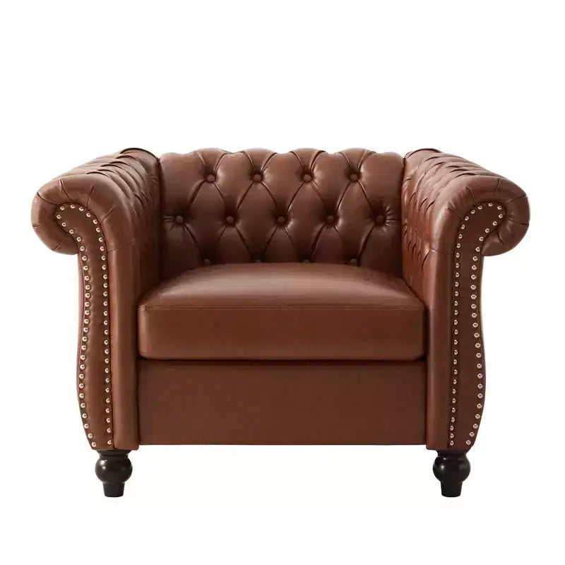 Zeus & Ruta Chesterfield Club Chair with Scrolled Arms, Nailhead Trim, and Solid Wood Legs