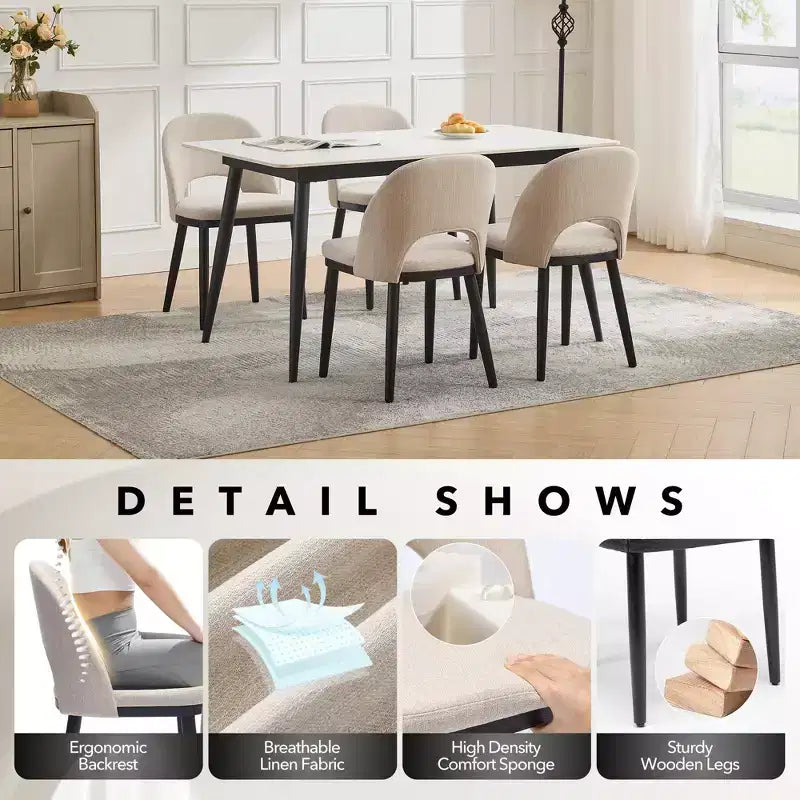Set of 2 Modern Fabric Dining Chairs, Upholstered Side Chairs with Curved Backrest & Wood Legs, Comfortable Seating for Dining Room Kitchen