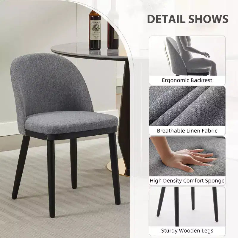 Set of 2 Modern Fabric Dining Chairs, Upholstered Side Chairs with Curved Backrest & Wood Legs, Comfortable Seating for Dining Room Kitchen