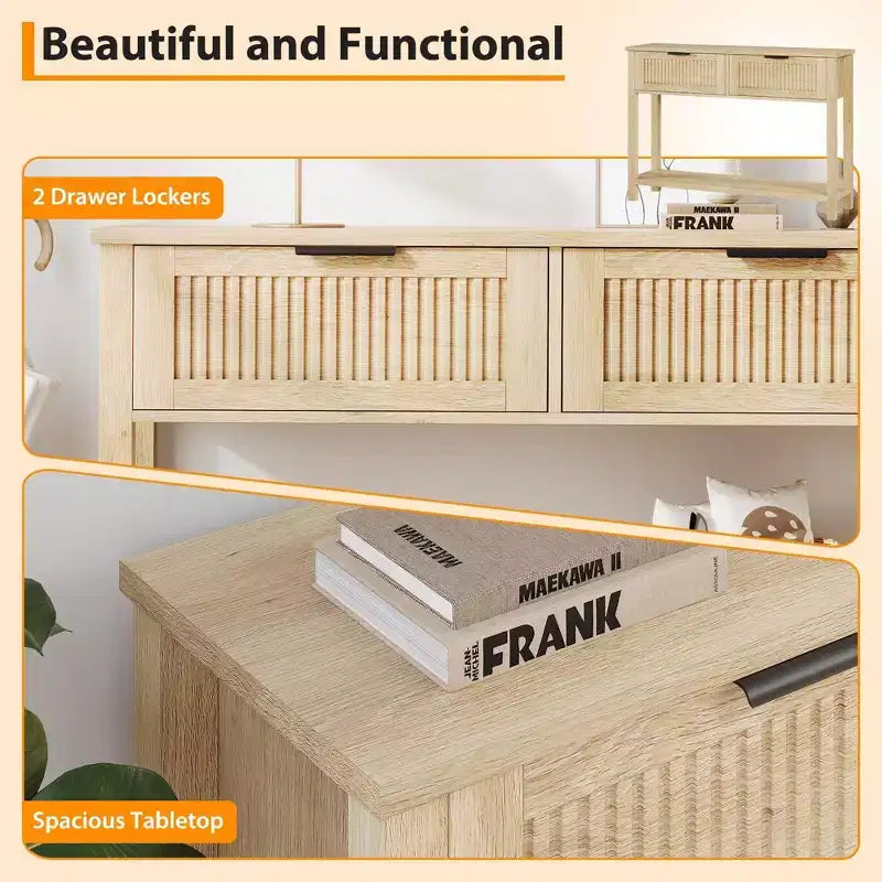Entryway Fluted Console Table  2-Drawer Narrow Accent Table with Storage Shelf, Natural Wood Finish for Living Room, Hallway or Foyer