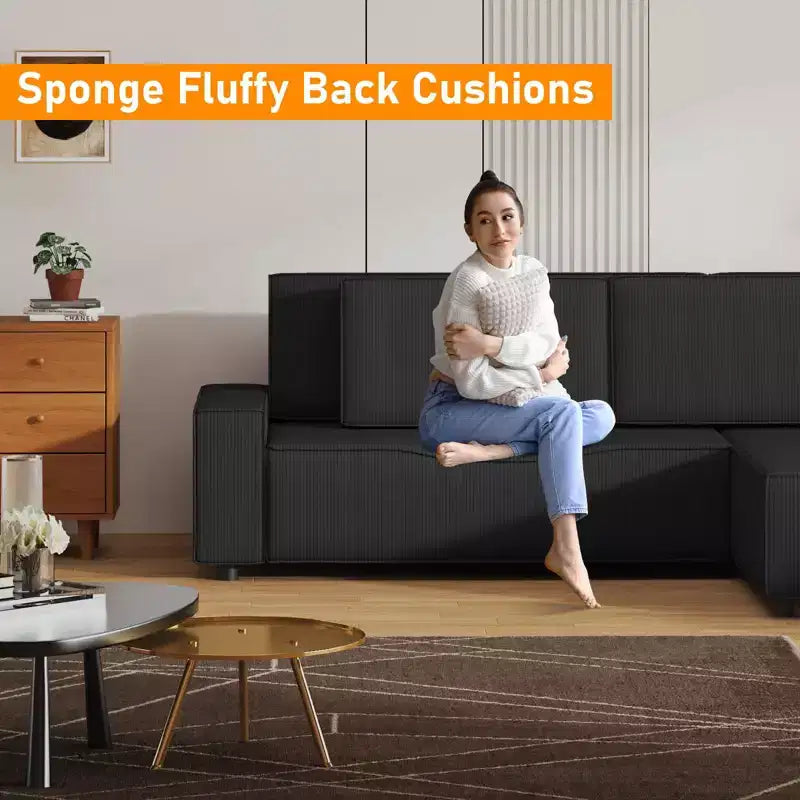 96 Modular Cloud Couch Sectional,Modern L-Shaped Corduroy Strip Sofa with Movable Ottoman,Sectional Couches for Living Room, Bedroom