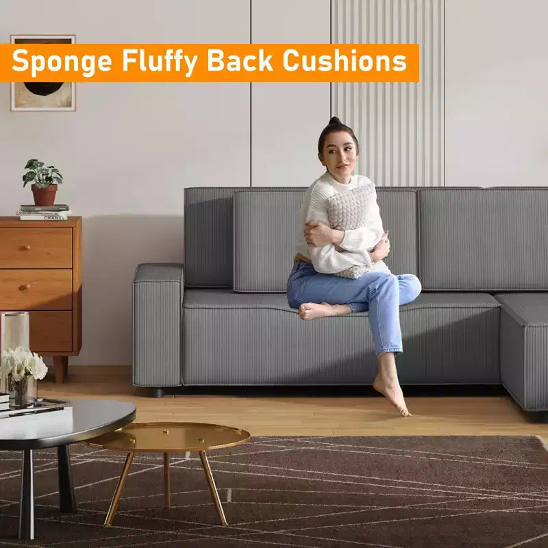 96 Modular Cloud Couch Sectional,Modern L-Shaped Corduroy Strip Sofa with Movable Ottoman,Sectional Couches for Living Room, Bedroom
