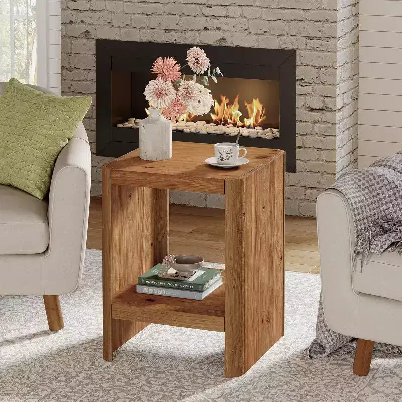 Lantine Solid Wood End Table, 2-Tier Small Side Table with Open Storage Shelf for Living Room, Small Spaces, Easy Assembly