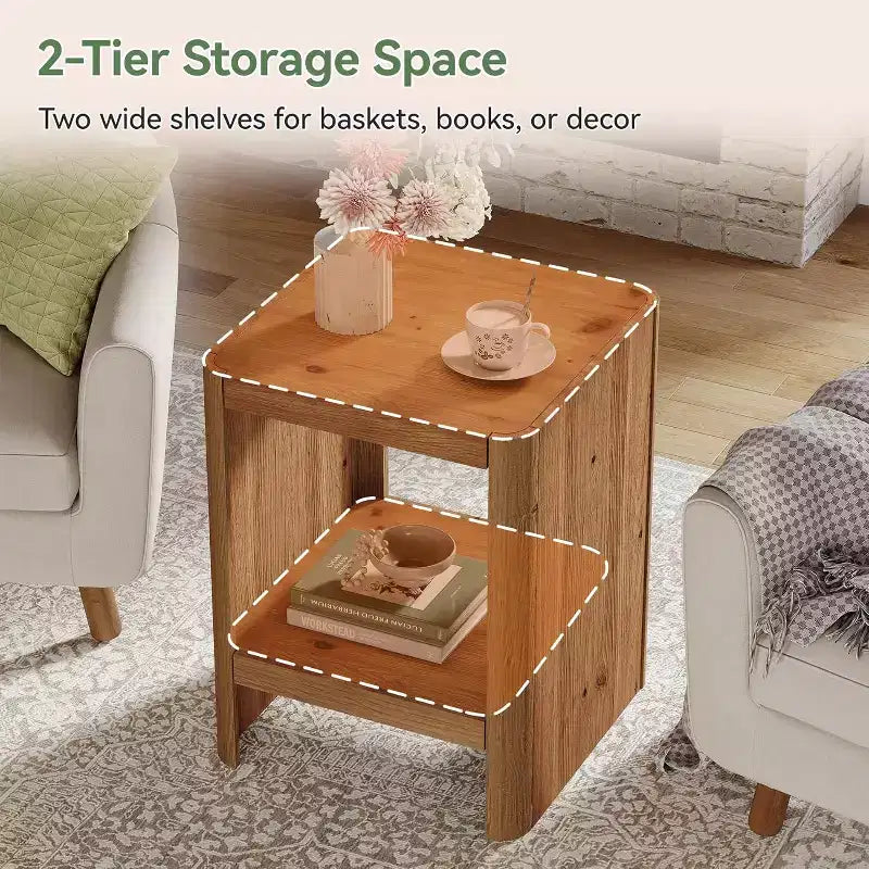 Lantine Solid Wood End Table, 2-Tier Small Side Table with Open Storage Shelf for Living Room, Small Spaces, Easy Assembly