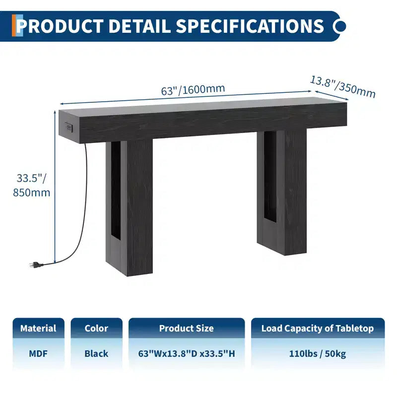 63 Inch Console Table with Power Outlet, Extra Long Sofa Table with USB & Type c Ports, Narrow Entryway Table for Hallway,Foyer Table for Living Room