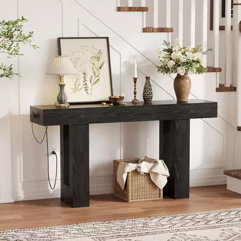 63 Inch Console Table with Power Outlet, Extra Long Sofa Table with USB & Type c Ports, Narrow Entryway Table for Hallway,Foyer Table for Living Room
