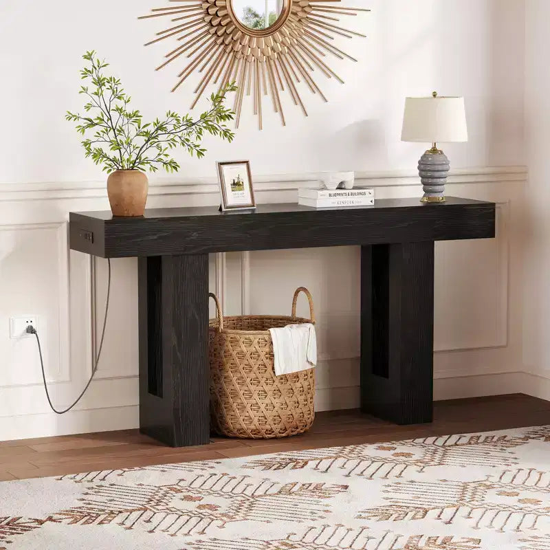 63 Inch Console Table with Power Outlet, Extra Long Sofa Table with USB & Type c Ports, Narrow Entryway Table for Hallway,Foyer Table for Living Room