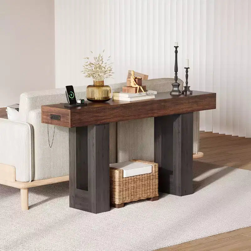 63 Inch Console Table with Power Outlet, Extra Long Sofa Table with USB & Type c Ports, Narrow Entryway Table for Hallway,Foyer Table for Living Room