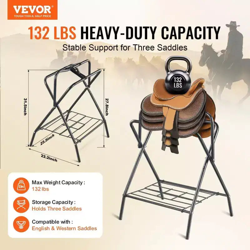 VIYET 31.5 2-Pack Folding Saddle Rack, Heavy-Duty Steel Freestanding, Portable Blanket Holder for English/Western Saddles Tack Storage, Black