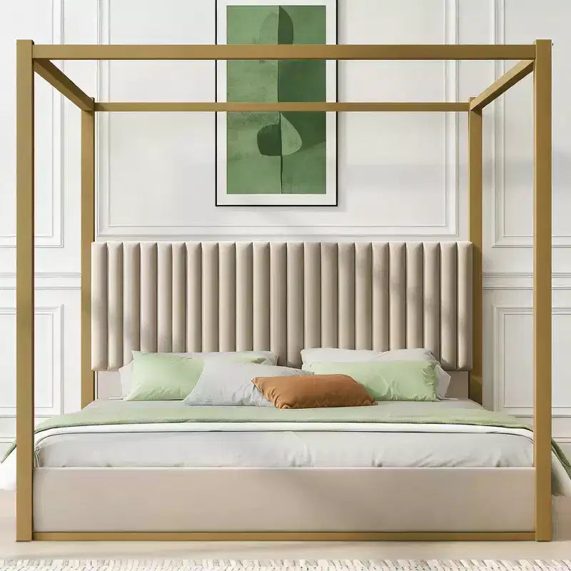 Luxystar King Size Modern Canopy Platform Bed with Upholsted Headboard and Metal Frame