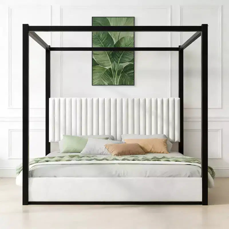 Luxystar King Size Modern Canopy Platform Bed with Upholsted Headboard and Metal Frame