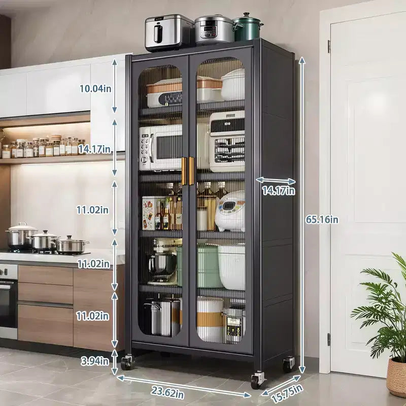 65 Kitchen Pantry Storage Cabinet, 6 Tier Metal Display Storage Cabinet with Transparent Door, for Kitchen, Living Room and Dining Room, Gray