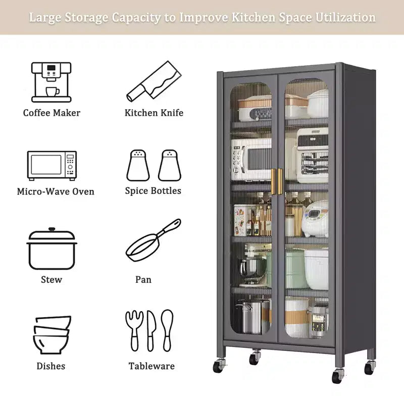 65 Kitchen Pantry Storage Cabinet, 6 Tier Metal Display Storage Cabinet with Transparent Door, for Kitchen, Living Room and Dining Room, Gray