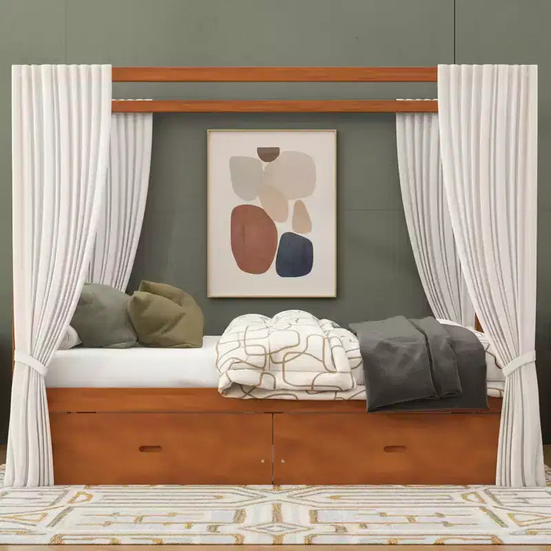 Polibi Rustic Wooden Canopy Bed with Storage Drawers