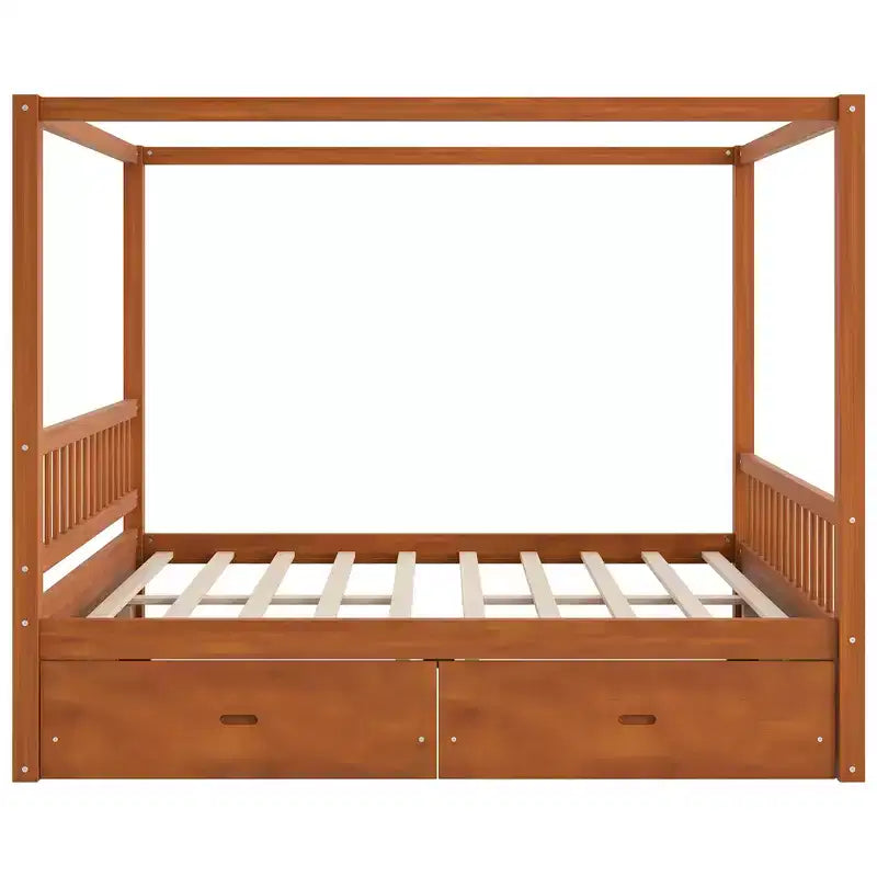 Polibi Rustic Wooden Canopy Bed with Storage Drawers