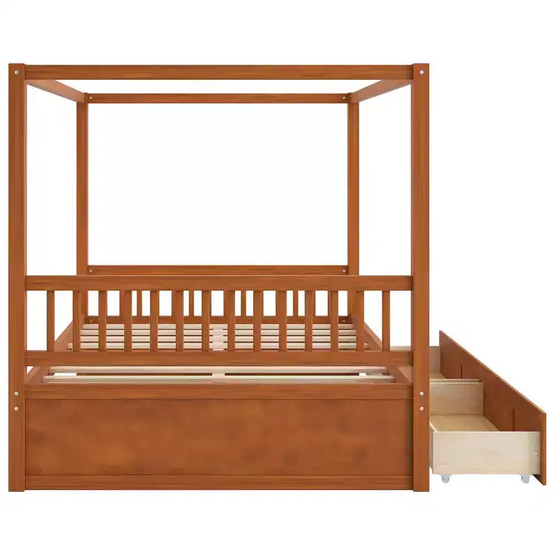 Polibi Rustic Wooden Canopy Bed with Storage Drawers